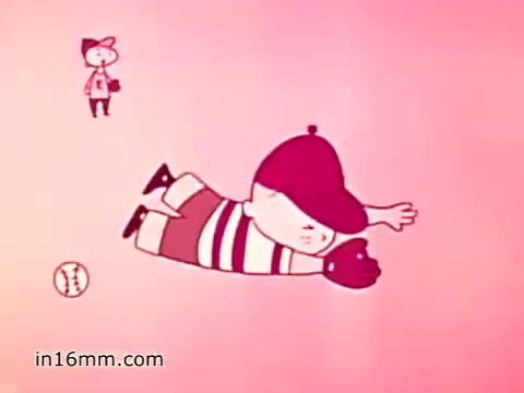 The still features an animated scene set against a pink background. One child, wearing a cap and a striped shirt, is diving for a baseball, demonstrating a playful and energetic moment. Another child, depicted in the background, appears to be watching the action. The overall vibe is cheerful and lighthearted, aligning with the PSA's message encouraging support for Muscular Dystrophy awareness.