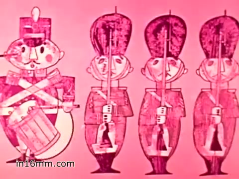 The still from the 1960s animated PSA on Muscular Dystrophy features a colorful and whimsical illustration. On the left, a character resembling a drum major is depicted with a drum and a cheerful expression. To the right are three cartoonish soldiers, standing in formation, each holding a rifle. The overall tone is playful, with bright pink and red hues dominating the background, conveying a lighthearted yet motivational message to support the cause. The caption encourages generosity towards the cause, emphasizing community involvement.