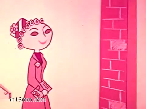 The still from the 1960s Muscular Dystrophy animated PSA features a cheerful, stylized character with curly hair and a flower accessory, smiling gently as she approaches a brick wall. Dressed in a pink outfit, she holds pamphlets or flyers, conveying a sense of purpose. The overall color palette is soft, primarily featuring shades of pink, creating a warm, inviting atmosphere. The message suggests the importance of supporting the cause when approached by a volunteer.