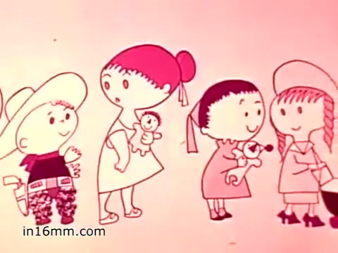 The still from the 1960s animated PSA about Muscular Dystrophy features a group of children in a playful scene. One child, dressed in a cowboy outfit, stands proudly holding a stuffed toy. Two girls engage with him, one with a doll and the other holding a cute animal toy. The overall aesthetic is colorful and whimsical, capturing a sense of innocence and community, while conveying its message about giving support during fundraising efforts.