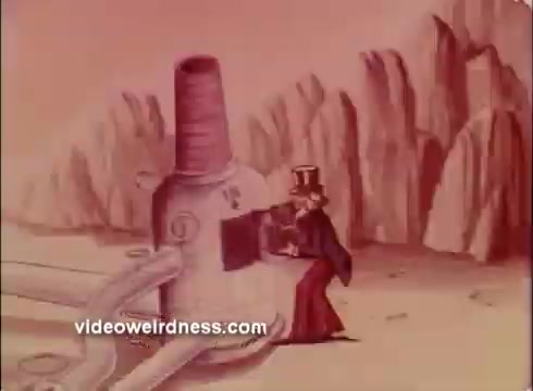 The still features an animated Uncle Sam, dressed in a top hat and a tailcoat, interacting with a whimsical, industrial machine. The background is barren, with stylized rocky formations. The muted color palette emphasizes a vintage aesthetic typical of 16mm film, reflecting the PSA's era and context focused on business and economic themes.