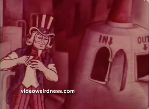 The still features an animated Uncle Sam, depicted in a stylized manner typical of mid-20th-century PSAs. He is wearing his iconic top hat and patriotic attire, engaging with a large, whimsical structure labeled 'IN' and 'OUT.' The color palette leans towards muted tones, contributing to a vintage aesthetic. This scene likely conveys a message related to business or patriotism in the context of the National Alliance of Businessmen's initiatives.