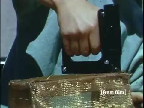 The still from 'Collecting Large Bottom Dwelling Organisms' shows a close-up of a hand holding a device resembling a handheld net or trap, poised above a container that appears to be for collecting specimens. The container is textured and has a mesh-like design, indicating its purpose for gathering small creatures, likely frogs or similar organisms. The vibrant colors typical of Ektachrome film reflect the visual style of the late 1960s. The lack of sound adds a layer of interpretation to the visual focus on the collection process.