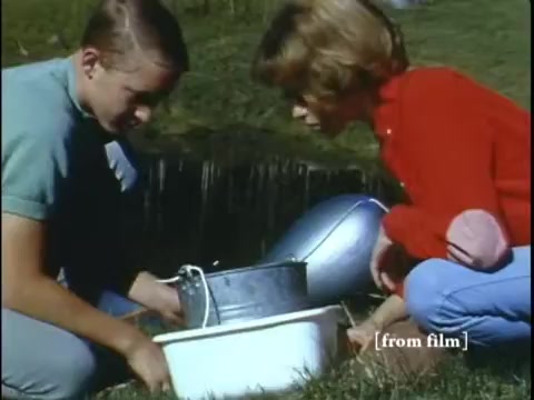 The still shows a young man and woman crouched by a body of water, engaged in collecting small creatures, likely frogs and other aquatic organisms. The man, wearing a light blue shirt, appears to be handling a container while the woman, in a red sweater, looks on intently. They are surrounded by lush grass, emphasizing a natural setting. The scene captures a moment of exploration and curiosity in the study of wildlife, reflective of the educational themes found in 1960s documentaries.