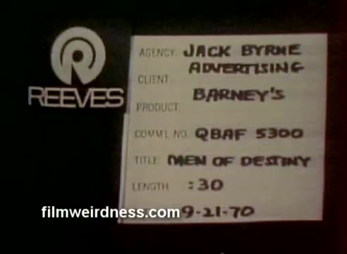 This 16mm still features a label from a Barney's commercial created by Jack Byrne Advertising. The ad is titled 'Men of Destiny' and has a runtime of 30 seconds. It was assigned the commercial number QBAF 5300 and is dated September 21, 1970. The commercial later won a CLIO award. The repost indicates that the color correction has been improved from the original film negative.