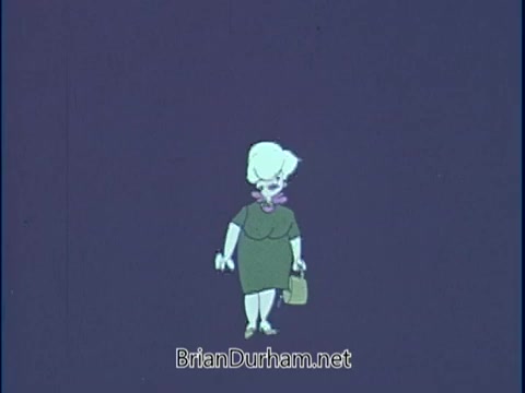 The still features a stylized animated character, depicted as a woman with short, light-colored hair, wearing a green dress and holding a briefcase. She walks confidently against a plain background, likely intended to convey a message about diet, health, or nutrition, aligning with the American Dietetic Association's focus on promoting healthy eating habits in the 1960s.