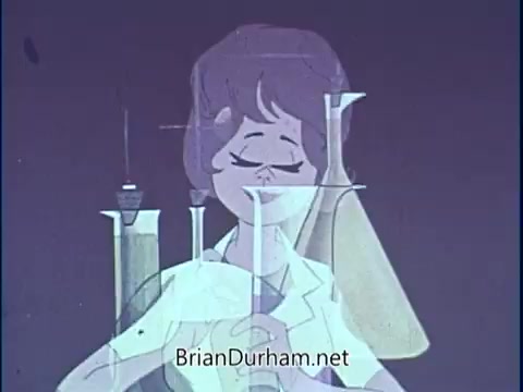 The still from the 1969 PSA by the American Dietetic Association features a cheerful, animated woman surrounded by laboratory glassware, such as beakers and test tubes. The background is a muted tone, emphasizing the character and her actions, likely related to nutrition and dietetics. The overall tone is playful and educational, typical of public service announcements from that era.