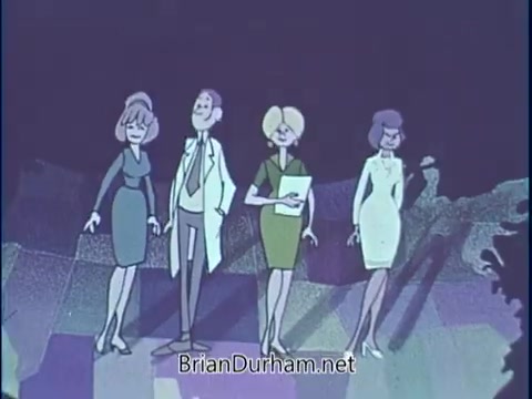 The still features four cartoon characters: three women and one man. They are standing together, likely in a public service announcement context. The women are dressed in colorful outfits, while the man wears a white coat, suggesting a medical or health-related theme. The background is stylized with muted colors, emphasizing the characters. The overall tone is informative and upbeat, representative of a 1960s public service message promoting dietetics and nutrition.