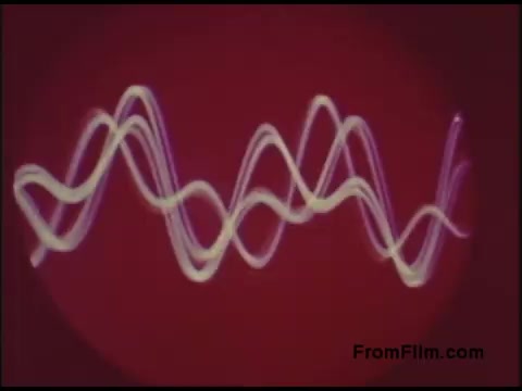 The still features a graphic representation of waveforms, characterized by smooth, flowing lines in white and light colors against a deep red background. The design resembles visualizations of sound or data signals, typical of educational films from the 1970s, possibly illustrating concepts related to telecommunications or audio technology.