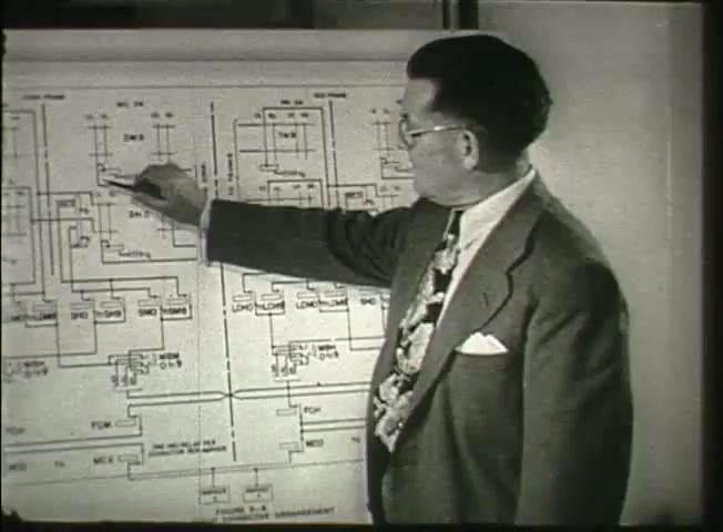 The still from 'Story Without End' features a man in a suit pointing at a technical blueprint or diagram related to telecommunications. The diagram appears complex, depicting various components and connections likely related to Bell System operations. The setting suggests a presentation or educational context, highlighting the technology and infrastructure of the late 1940s telecommunications network. The man's formal attire indicates a professional environment, emphasizing the importance of the information being shared.