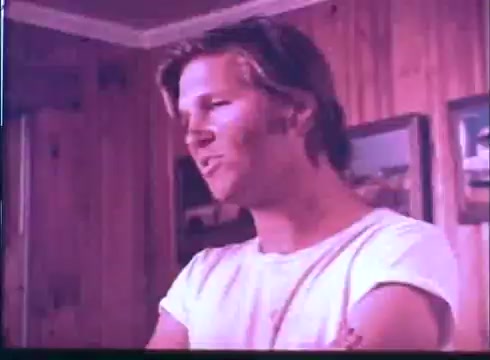 The still features a young man in a white t-shirt, set against a wooden-paneled interior. His expression suggests a mix of confidence and contemplation, typical of a character in a coming-of-age or rebellious narrative. The overall tone has a warm, retro feel, characteristic of the film's period.