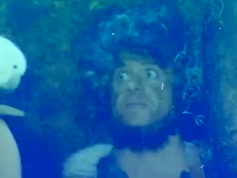 The still from 'When Women Lost Their Tails' features a man with an expressive face, showcasing a heightened sense of surprise or fear. The bluish tint suggests an underwater or surreal setting, typical of the film's comedic and fantastical elements. The presence of a white, possibly animal-like figure adds to the whimsical tone. This trailer captures the absurdity and humor of the 1970 Italian film, hinting at its unique blend of adventure and comedy.