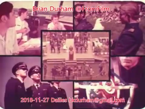 The still features a collage of images likely from a 16mm film, with scenes depicting military or ceremonial activities. Central is a gathering at a monument, possibly a memorial. Surrounding this are images of military personnel, including individuals in uniform, as well as scenes of discussions or meetings. The overall tone suggests themes of honor, duty, and remembrance, with a vintage aesthetic reflective of the film's period.