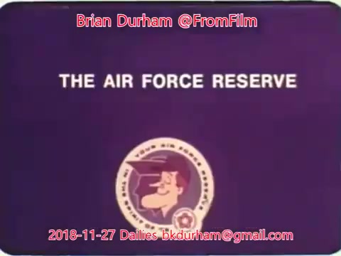 The still features a title card with the text 'THE AIR FORCE RESERVE' prominently displayed against a purple background. Below the text is a circular emblem featuring a cartoon character, likely a mascot representing the Air Force Reserve. The date and contact information of Brian Durham is also included at the bottom.