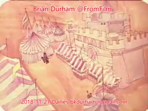 The still appears to be an artistic depiction of a fairground or carnival scene. It features a whimsical castle structure and several circus tents with vibrant patterns. The composition suggests a festive atmosphere, possibly for a children's animation, with light, playful colors and a sense of fun. The image is attributed to Brian Durham, with a date of November 27, 2018, from the '@FromFilm' collection.