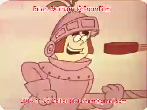 The 16mm still from '@FromFilm Dailies November 27, 2018' features a cartoon character dressed as a knight, grinning and holding a sword. The illustration has a whimsical style, typical of animated content, and includes a humorous tone. The character appears in a light-colored background, emphasizing their pinkish armor. The overall aesthetic suggests it's part of a comedic or playful narrative.