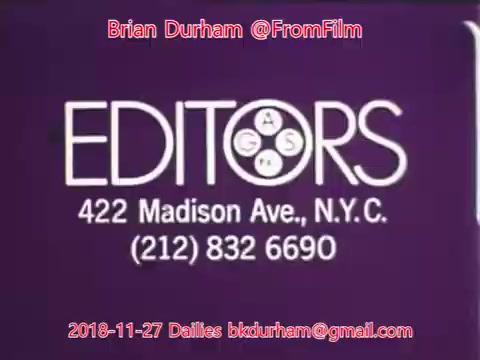 The still features a graphic with the title 'EDITORS' prominently displayed, along with contact details including an address at 422 Madison Ave, N.Y.C., and a phone number. The background is purple, and there are additional details regarding the date and contact email of Brian Durham. The text conveys information about film editing services.
