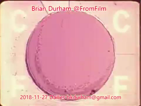 The still depicts a circular object, possibly a tablet or disk, centered against a faded background with markings resembling a film frame. The color scheme is dominated by pink hues, giving it a nostalgic or vintage feel. The overlay includes text referencing 'Brian Durham @FromFilm,' along with a date and email address, indicating it is part of a film dailies series.