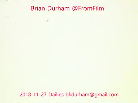 The 16mm still features a minimalist design, primarily a plain light background with text overlay. It includes the name 'Brian Durham,' the handle '@FromFilm,' and a date reference '2018-11-27 Dailies,' along with an email address. The overall composition emphasizes the textual elements rather than any visual imagery.