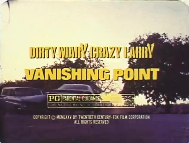 The still features the title card for the double feature trailer of 'Dirty Mary, Crazy Larry' and 'Vanishing Point.' The text is bold and stylized, prominently displaying both film titles with a focus on their distinctiveness. The background hints at a serene outdoor setting, potentially a scene from the films, adding a nostalgic touch. The 'PG' parental guidance label indicates audience suitability, while the copyright information notes the year of release as 1975. This trailer serves as a promotional piece, likely aiming to attract viewers to a reissue of the films.
