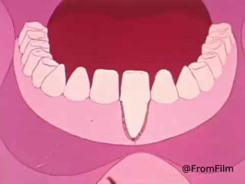 The still depicts a cartoonish representation of a mouth with visible teeth and gums, set against a pink background. The focus is mainly on the upper and lower rows of teeth, highlighting their alignment and dental health. This captures an educational tone typical of public service announcements aimed at promoting dental hygiene and care.