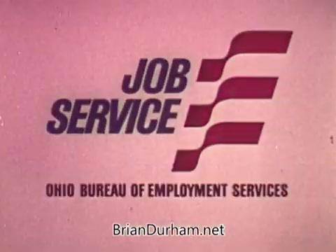 The still features a stylized logo for 'JOB SERVICE' prominently displayed, accompanied by the text 'OHIO BUREAU OF EMPLOYMENT SERVICES.' The design likely reflects a 1970s aesthetic, combining bold typography with a simple, effective layout. The overall color scheme appears muted, consistent with this era's visual trends in public service announcements.