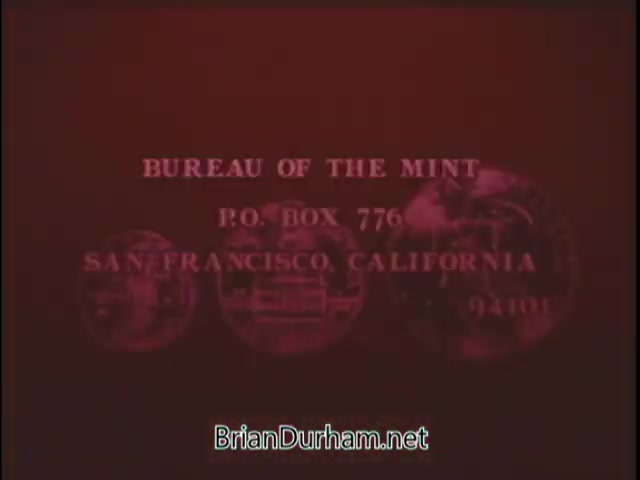 The still features a red background with the text 'Bureau of the Mint' prominently displayed, along with an address for the San Francisco Mint. There are images of coins, possibly related to the Silver Bicentennial coins, enhancing the focus on numismatics. The overall theme emphasizes the promotion and collection of these specific coins.