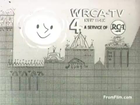 The 16mm still features the logo of WRCA-TV, a television station in New York, prominently displayed in a stylized graphic format typical of the 1950s. The design includes a smiling character, likely meant to convey friendliness and approachability. Architectural elements, possibly representing New York City, frame the logo, adding a local context. The film leader indicates a time identifier for the commercial, emphasizing its purpose as a station identification spot. The aesthetic is characteristic of animated promotional material from that era, reflecting both the playful style of UPA animation and the commercial nature of television in the 1950s.