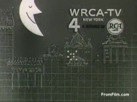 The 16mm still from the 1955 New York telephone commercial features the WRCA-TV station identification. It displays a minimalist design with the channel number '4' prominently featured alongside the RCA logo. The background illustrates a stylized city skyline, perhaps evoking nighttime with a crescent moon, typical of mid-20th century graphics. The context of the commercial suggests an emphasis on telecommunication services, reflecting the era's branding aesthetics. The film leader notes identification codes, indicating its original purpose for broadcasts.