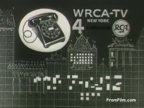 The still features a vintage design typical of the 1950s, showcasing a rotary phone alongside the WRCA-TV logo. The background includes stylized depictions of city architecture, reflecting New York's skyline. The text prominently displays 'WRCA-TV' and 'NEW YORK 4,' indicating its channel number. The film leader notes a telephone number for NY Tel and references the commercial's duration. This piece encapsulates mid-century advertising aesthetics, emphasizing communication and technology of the era.