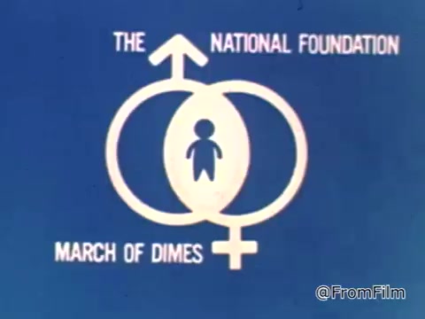 The still features a graphic design representing the National Foundation of the March of Dimes, with symbols for male and female gender, encircling an image of a child. The background is blue, and the text identifies the organization, emphasizing its focus on child health and welfare.