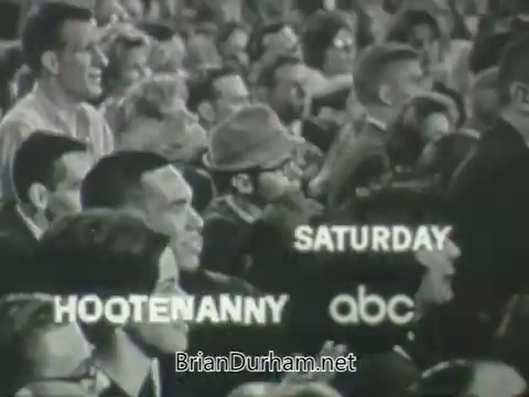 The still from the 'ABC Fall 1963 season promos' features a crowd of enthusiastic viewers, likely at a live event. The image is monochrome and captures expressions of excitement. Overlay text identifies the show 'Hootenanny' prominently, along with 'SATURDAY' and the ABC logo, signaling a promotion for the show's airing schedule.