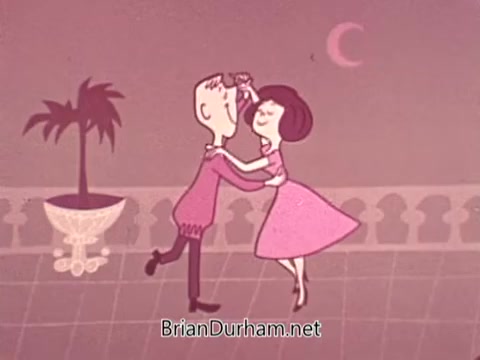 The 16mm still features a whimsical animated scene where a couple is dancing. The male figure is dressed in a light sweater, while the female figure wears a pink dress. They are smiling and engaged in a joyful moment, set against a pastel-colored background that includes a crescent moon and a potted plant. This upbeat visual likely aims to convey themes of romance and happiness in the context of the US Navy's recruitment efforts.