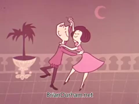The still features a stylized, animated couple dancing together. The setting includes a palm plant and a crescent moon in a pastel-colored background, suggesting a light-hearted, romantic atmosphere. The couple's attire is retro, with the man in a patterned shirt and the woman in a pink dress, emphasizing a playful, vintage aesthetic typical of mid-20th century animations. The overall tone is cheerful and nostalgic, likely aiming to convey a positive message.