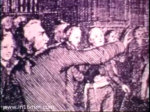 The still from 'Bicentennial Youth Debates - PSA from 1975' depicts a historical scene with a group of individuals engaged in discussion or debate. One prominent figure is gesturing, possibly making a point or argument, while others listen attentively. The style of the image suggests it may be a reproduction or illustration rather than a photograph. This represents the Bicentennial Youth Debates program, which aimed to engage young people in discussions about key issues related to American history and values during the nation's bicentennial celebrations.