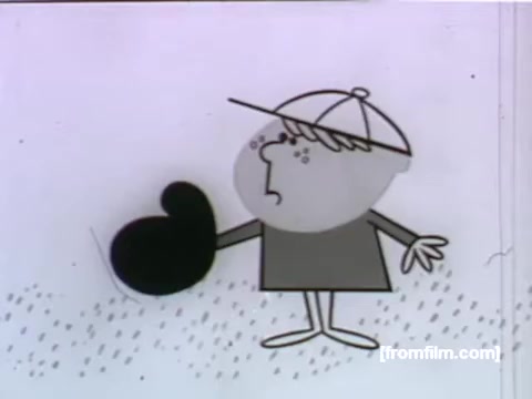 The still from the 1950s UPA animation for State Line Potato Chips features a cartoonish character with a round face and a cap. The character is holding a large, black potato chip, looking either curious or confused. The simple, stylized design typical of UPA animation emphasizes bold shapes and minimal detail, capturing the playful and whimsical nature of the commercial. The background is sparse, enhancing the focus on the character and the chip.