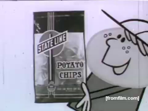 The still features a cheerful, cartoonish character holding a bag of State Line Potato Chips. The background is simple and light-colored, emphasizing the product's packaging. The design reflects the distinctive style of UPA animation from the 1950s, combining bold colors and straightforward shapes to convey a fun, engaging advertisement. The character's expression suggests enjoyment and enthusiasm for the snack, fitting the commercial's aim to attract consumers.
