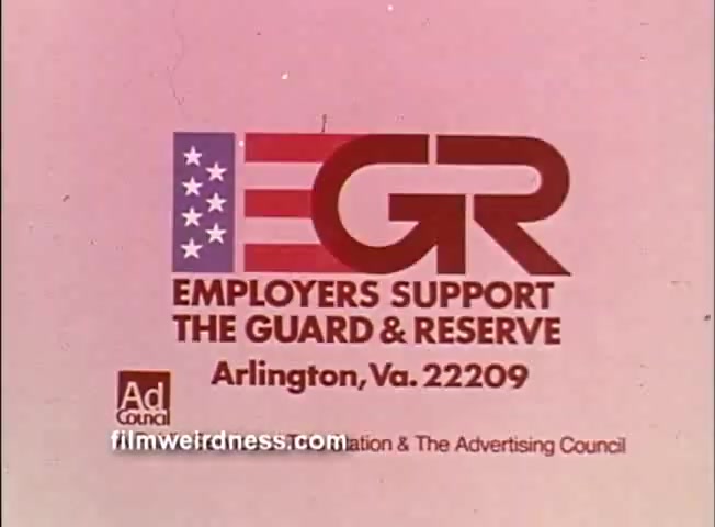 The still features the logo for the 'Employers Support the Guard and Reserve' campaign, prominently displaying the acronym 'EGR' adorned with a stylized American flag. Below the logo, the full title “EMPLOYERS SUPPORT THE GUARD & RESERVE” is printed, along with the location “Arlington, Va. 22209.” An 'Ad Council' label is also present, indicating the collaboration of the U.S. government and the Advertising Council in the initiative. The overall design is clear and aimed at promoting support for military service members.