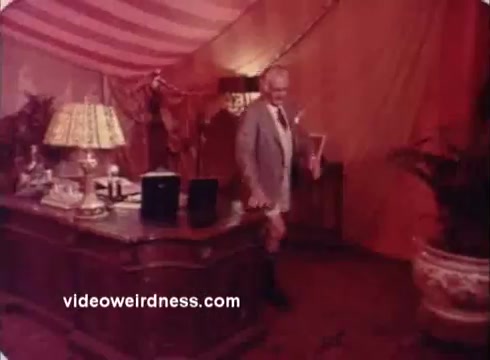 The still features a scene from the 'Won Ton Ton' movie trailer, showcasing a character in a suit standing near a styled wooden desk with a lamp and decorative items. The environment has a vibrant, colorful backdrop with a striped pattern, suggesting a whimsical or circus-like setting. The overall atmosphere is playful and vintage, reflective of the film's comedic themes.