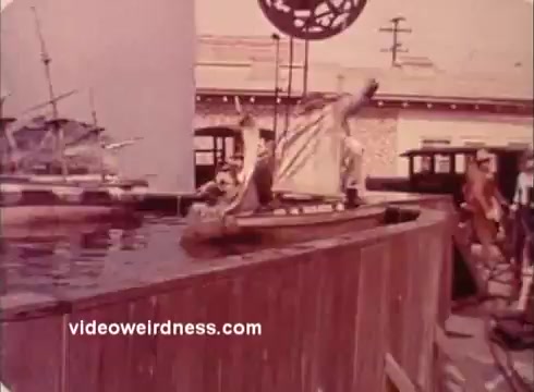 The still from the 'Won Ton Ton' movie trailer features a comedic scene with characters interacting at a water feature. One character appears to be diving into or being launched off a boat, while others in the background, dressed in period costumes, seem to be engaged in the unfolding action. The overall color tone is vintage, suggesting the feel of an older film print.