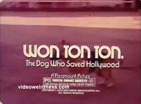 The still features the title 'Won Ton Ton. The Dog Who Saved Hollywood' prominently displayed in a stylized font. It indicates that the film is a Paramount Picture and is rated PG. The background appears to be a scene possibly related to Hollywood, suggesting a playful or nostalgic tone. The overall aesthetic reflects a vintage 16mm presentation, typical of its time.