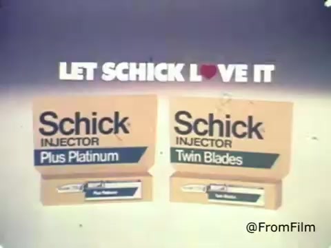 The 16mm still features a vintage advertisement for Schick Injector Razor Blades from the 1970s. The image displays two product boxes: 'Schick Injector Plus Platinum' and 'Schick Injector Twin Blades,' highlighting their branding. The slogan 'LET SCHICK LOVE IT' is prominently featured at the top, capturing the playful marketing style of the era. The colors and design evoke a classic retro aesthetic typical of 1970s advertisements.