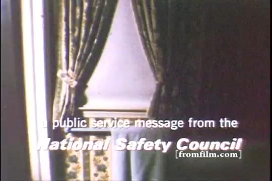 The still features a message promoting safety regarding unused medicine, attributed to the National Safety Council. The image is likely set indoors, with heavy drapes framing a window or wall. Text is prominently displayed in a casual, approachable font. The film exhibits characteristic graininess of a 16mm print from the 1970s, contributing to its vintage appeal.