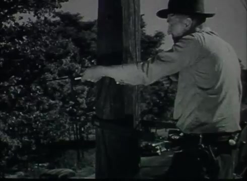 The still features a technician working on a telephone pole, likely engaged in the process of connecting or handling drop wires. He is dressed in period-appropriate work attire, including a hat, indicating his role as a lineman. The surrounding trees suggest an outdoor environment typical of a local telephone installation. This scene is part of a Bell System film from the late 1940s to early 1950s, focusing on the technical aspects of telephone wire installation from central offices to customers.