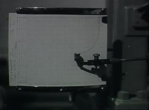 The still features an image of a graphing tool or recording device used in a Central Office setting from the late 1940s or early 1950s. A sheet of graph paper is mounted on the device, showing a curve likely related to telephone wire routing or signal analysis. The setup reflects the technological methods of the era for documenting telecommunications data in the context of the Bell System film addressing drop wire installations.