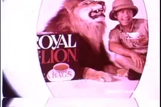 The still features a cheerful man in safari attire sitting next to a lion. They are positioned against a backdrop that highlights the product 'Royal Lion Tea.' The man holds a cup of tea and smiles widely, suggesting a lighthearted, playful theme in the advertisement. The color palette appears warm and vintage, characteristic of 1970s advertising.