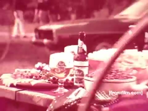 The still shows a vibrant picnic scene featuring a table laden with food and drinks, prominently displaying a bottle and glass of Pabst Beer. In the background, a classic car is partially visible, hinting at a casual outdoor gathering typical of the 1970s. The overall tone is nostalgic, evoking a sense of leisure and celebration associated with the brand.