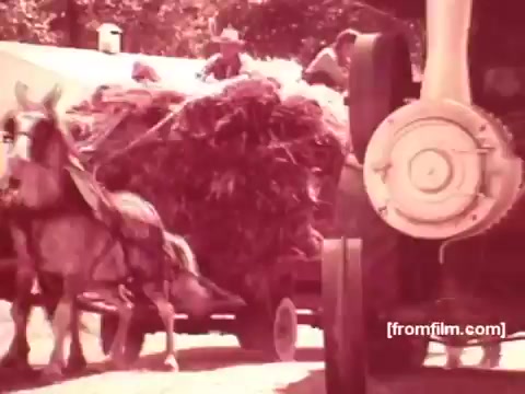 The still from the 16mm Pabst Beer Commercials features a rural scene from the 1970s. It depicts a horse-drawn wagon loaded with hay, accompanied by workers, likely in a pastoral setting. The background suggests a traditional farming environment. The vintage aesthetic reflects the era's advertising style, emphasizing a connection to nature and craftsmanship.