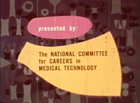 The still features colorful, abstract shapes and playful typography typical of mid-20th-century design. It displays the title 'presented by' in a pink bubble, followed by 'The NATIONAL COMMITTEE for CAREERS in MEDICAL TECHNOLOGY' highlighted in an orange/yellow banner. The background includes stylized, circular motifs, likely representing biological themes, fitting for an educational film about cells and cytology.