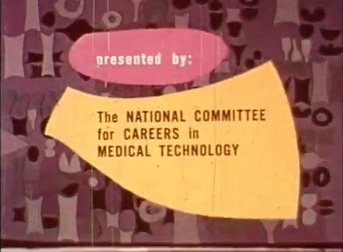 The still features a colorful graphic design typical of educational films from the mid-20th century. It prominently displays the title 'presented by:' in a playful font, followed by the text 'The NATIONAL COMMITTEE for CAREERS in MEDICAL TECHNOLOGY' on a yellow background. The design elements include abstract shapes and patterns in the background, contributing to its engaging visual style aimed at educating viewers about cytology and related career opportunities.
